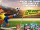 Mascote raposa com uniforme de futebol chuta uma bola em um estádio lotado ao pôr do sol. O anúncio destaca prêmios superiores a R$30.000,00 e exibe diversos pacotes de salgadinhos Lobits.