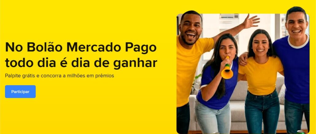 Banner promocional do Bolão Mercado Pago com fundo amarelo, texto em destaque e foto de quatro jovens torcedores comemorando.