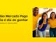 Banner promocional do Bolão Mercado Pago com fundo amarelo, texto em destaque e foto de quatro jovens torcedores comemorando.