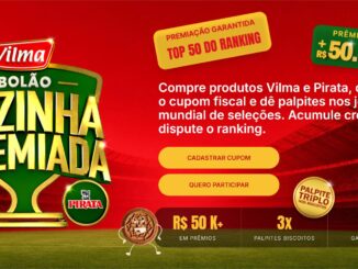 Banner promocional do Bolão Cozinha Premiada 2026, promoção conjunta das marcas Vilma e Pirata, com prêmio total de R$50.000,00 para os 50 primeiros do ranking, vinculada aos palpites da Copa do Mundo de seleções.