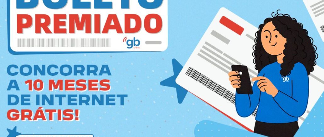 Boleto Premiado GB Online no Mato Grosso Banner promocional da GB Online com a campanha Boleto Premiado, oferecendo 10 meses de internet grátis para clientes que pagam a fatura em dia.