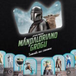 Pôster publicitário com o Mandaloriano e Grogu em destaque na parte superior. Abaixo, oito bonecos colecionáveis da franquia Star Wars organizados em linha sobre bases cinzas.