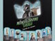 Pôster publicitário com o Mandaloriano e Grogu em destaque na parte superior. Abaixo, oito bonecos colecionáveis da franquia Star Wars organizados em linha sobre bases cinzas.