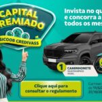 Banner da promoção Capital Premiado Sicoob Credivass, com prêmios de uma caminhonete RAM Rampage Rebel e quatro motos Honda CG Titan 160, válida de 11/5/2026 a 21/10/2026.