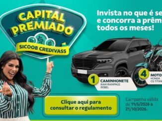 Banner da promoção Capital Premiado Sicoob Credivass, com prêmios de uma caminhonete RAM Rampage Rebel e quatro motos Honda CG Titan 160, válida de 11/5/2026 a 21/10/2026.