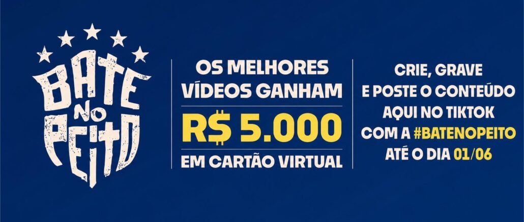 Arte do concurso Bate no Peito da CBF, com fundo azul escuro, logotipo em bege com estrelas e texto informando premiação de R$5.000 em cartão virtual para os melhores vídeos postados no TikTok com a hashtag #BateNoPeito até 01/06.