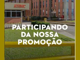 Fachada da unidade industrial STIHL com gramado verde e mensagem promocional centralizada.