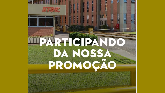 Fachada da unidade industrial STIHL com gramado verde e mensagem promocional centralizada.