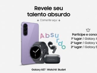 Peça publicitária do concurso Samsung "Revele seu Talento Absurdo", exibindo um Galaxy A57 em lilás, um Galaxy Watch8 e um Galaxy Buds4, com a lista de prêmios por colocação.