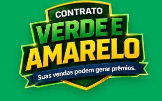 Logotipo da campanha Contrato Verde e Amarelo em formato de escudo com bordas amarelas sobre fundo verde, apresentando uma faixa azul com o texto Suas vendas podem gerar prêmios.