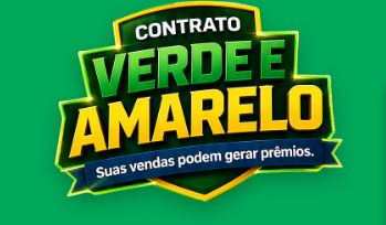Logotipo da campanha Contrato Verde e Amarelo em formato de escudo com bordas amarelas sobre fundo verde, apresentando uma faixa azul com o texto Suas vendas podem gerar prêmios.