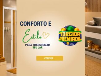 Banner promocional da campanha Torcida Premiada Casa Saldão, com a frase "Conforto e Estilo para Transformar seu Lar" ao centro, ladeado por imagens de um banheiro e de um quarto decorados.