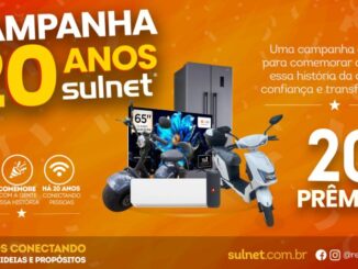 Banner promocional da Campanha 20 Anos Sulnet, com fundo laranja vibrante, exibindo prêmios como TV 65 polegadas, geladeira, ar-condicionado, scooter elétrica e patinete motorizado, destacando 20 prêmios disponíveis.