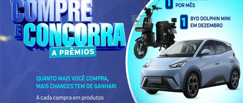 Banner da Campanha Key Partner Fluidra Compre e Concorra a Prêmios, com imagem de moto elétrica e carro BYD Dolphin Mini.