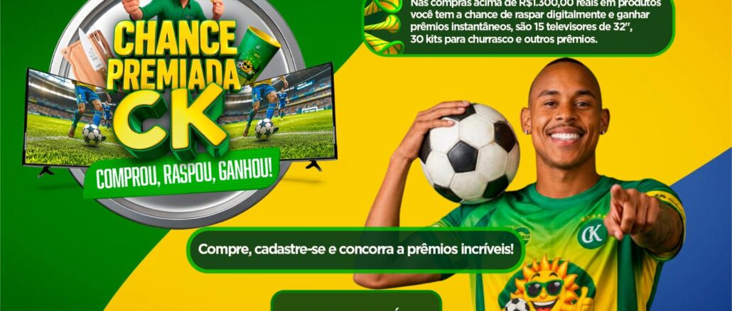 Chance Premiada CK Center Kennedy 2026 Promoção Chance Premiada CK do Center Kennedy com raspadinha digital, prêmios instantâneos e chance de ganhar televisores de 32 polegadas e kits para churrasco em compras acima de R$1.300,00.