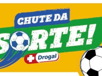 Logotipo da campanha Chute da Sorte com a marca Drogal, apresentando elementos de futebol e cores vibrantes como amarelo, verde e azul.
