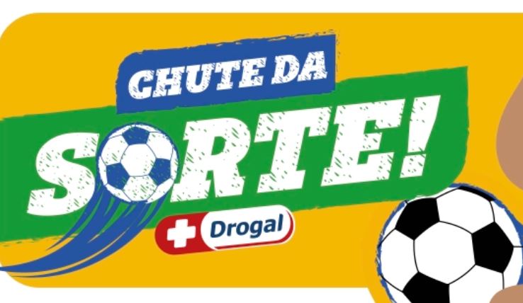 Logotipo da campanha Chute da Sorte com a marca Drogal, apresentando elementos de futebol e cores vibrantes como amarelo, verde e azul.