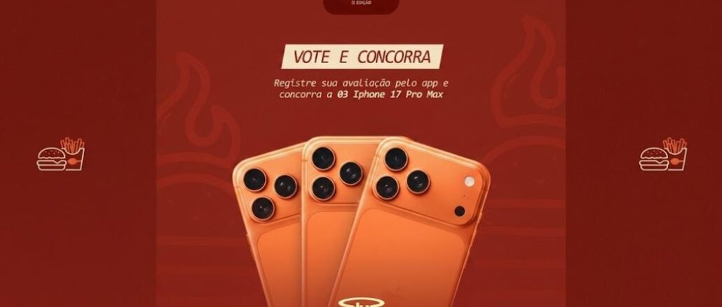 Três iPhones 17 Pro Max na cor laranja exibidos em leque sobre fundo vermelho escuro, com a marca Circuito Burger 11ª Edição e o logo Plus Delivery.