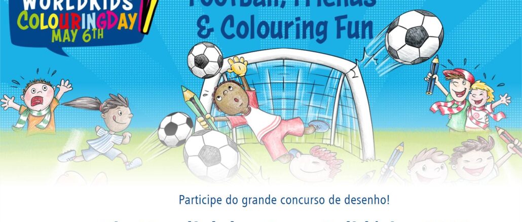 Ilustração do concurso Dia Mundial das Cores Solidárias 2026 da STAEDTLER, com crianças coloridas jogando futebol e segurando lápis de cor diante de um gol, sob o tema Football, Friends & Colouring Fun.