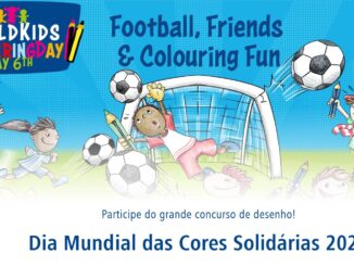 Ilustração do concurso Dia Mundial das Cores Solidárias 2026 da STAEDTLER, com crianças coloridas jogando futebol e segurando lápis de cor diante de um gol, sob o tema Football, Friends & Colouring Fun.
