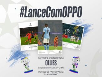 Divulgação do concurso cultural #LanceComOPPO, com fotos de jogos da UEFA Champions League tiradas por celular OPPO e mascotes Ollie ao lado do texto sobre o prêmio.