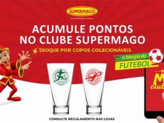 Peça publicitária dos Supermercados Supermago promovendo a troca de pontos do Clube Supermago por copos colecionáveis da coleção A Magia do Futebol.