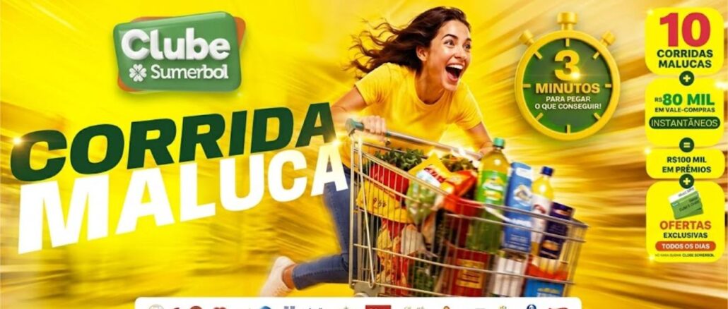 Peça publicitária da promoção Corrida Maluca do Clube Sumerbol, com mulher empurrando carrinho de supermercado lotado de produtos sobre fundo amarelo, cronômetro com 3 minutos e informações sobre prêmios de R$100 mil.