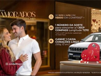 Promoção Dia dos Namorados JundiaíShopping 2026: casal sorrindo em frente a vitrine decorada com corações, ao lado de um Jeep Compass e uma caixa de chocolates Lindt.