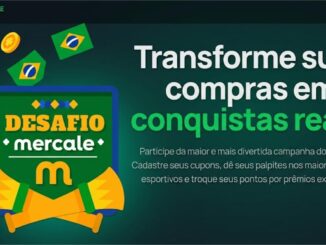 Banner promocional da campanha Desafio Mercale 2026, com mascote estilizado, moedas e bandeiras do Brasil, e o slogan "Transforme suas compras em conquistas reais."