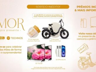 Peça publicitária da promoção de Dia das Mães da A Graciosa Ótica em parceria com a Technos, com fundo rosê, apresentando os prêmios do sorteio: vouchers de R$10.000,00 em produtos Technos, uma bicicleta elétrica Mormaii, dois televisores de 50 polegadas e três iPhones 16. Promoção válida de 02 de maio a 14 de junho de 2026.
