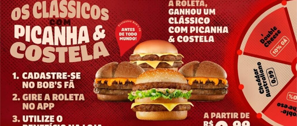 Dia do Hamburger Bobs Brasil 2026 Peça publicitária do Bob's Brasil para o Dia do Hambúrguer 2026, com destaque para os lanches clássicos com picanha e costela a partir de R$0,99, mecânica de roleta no aplicativo e três hambúrgueres ao centro.