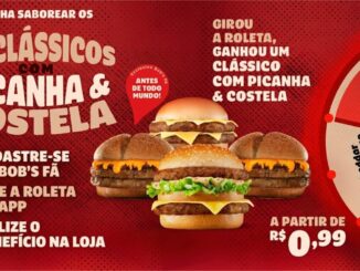 Peça publicitária do Bob's Brasil para o Dia do Hambúrguer 2026, com destaque para os lanches clássicos com picanha e costela a partir de R$0,99, mecânica de roleta no aplicativo e três hambúrgueres ao centro.