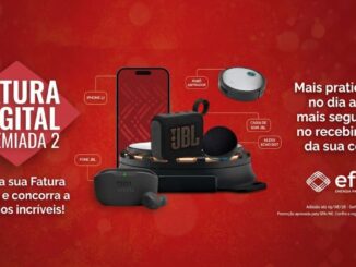 Peça publicitária da promoção Fatura Digital Premiada 2 da Eflul, com fundo vermelho, exibindo prêmios como iPhone 17, caixa de som JBL, fone JBL, Alexa Echo Dot e robô aspirador.