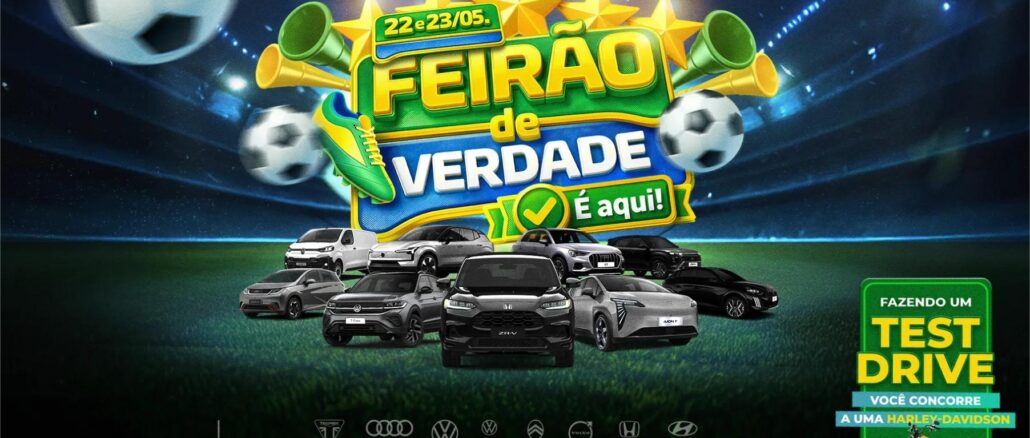 Banner promocional do Feirão de Verdade do Grupo Servopa, evento realizado nos dias 22 e 23 de maio, com destaque para test drive concorrendo a uma Harley-Davidson.
