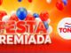 Banner publicitário da Festa Premiada Tonin com balões coloridos e letras em 3D sobre um fundo laranja vibrante.