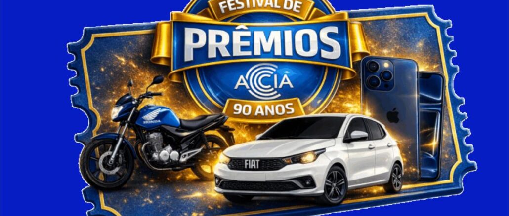 Arte promocional do Festival de Prêmios ACIA 90 Anos, com imagens de uma moto Honda azul, um carro Fiat Argo branco e dois iPhones, sobre fundo azul com detalhes dourados.