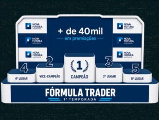Pódio da competição Fórmula Trader 1ª Temporada, da Nova Futura Investimentos, com cinco posições premiadas e mais de R$40.000,00 em premiações.