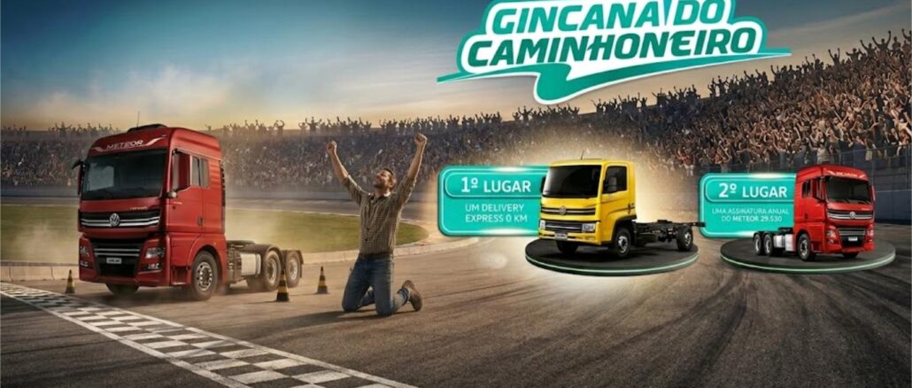 Gincana do Caminhoneiro 2026 Peça publicitária da Gincana do Caminhoneiro 2026 da Volkswagen Caminhões, com um homem celebrando em uma pista de corrida ao lado de caminhões VW, destacando os prêmios: 1º lugar um Delivery Express 0 km e 2º lugar uma assinatura anual do Meteor 29.530.