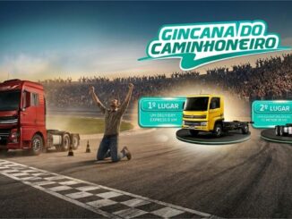Peça publicitária da Gincana do Caminhoneiro 2026 da Volkswagen Caminhões, com um homem celebrando em uma pista de corrida ao lado de caminhões VW, destacando os prêmios: 1º lugar um Delivery Express 0 km e 2º lugar uma assinatura anual do Meteor 29.530.