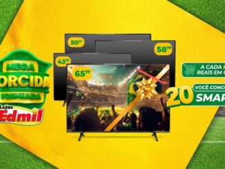 Banner promocional da campanha Mega Torcida Premiada das Lojas Edmil, com quatro Smart TVs de 43, 50, 58 e 65 polegadas exibidas sobre fundo amarelo com temática de futebol.