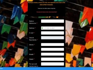 Formulário de cadastro para participar da promoção São João da Mari Fernandez, com campos para nome, telefone, e-mail, data de nascimento, gênero, país, estado, cidade e resposta dissertativa, sobre fundo com bandeirinhas coloridas de festa junina.