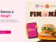 Peça publicitária da parceria entre Serasa e Burger King para a campanha Fim do Mês, com imagem de dois sanduíches e do aplicativo Serasa.