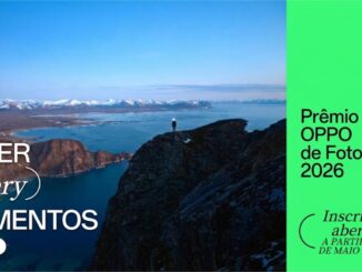 Banner do Prêmio OPPO Lumo de Fotografia 2026, com fotografia aérea de paisagem ártica e chamada para inscrições a partir de 29 de maio de 2026.