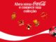 Peça publicitária da promoção Colecione Pin Coca-Cola, com fundo vermelho, ondulação branca na parte inferior, logotipo da marca em bola de futebol e cinco pins colecionáveis temáticos dispostos ao centro.