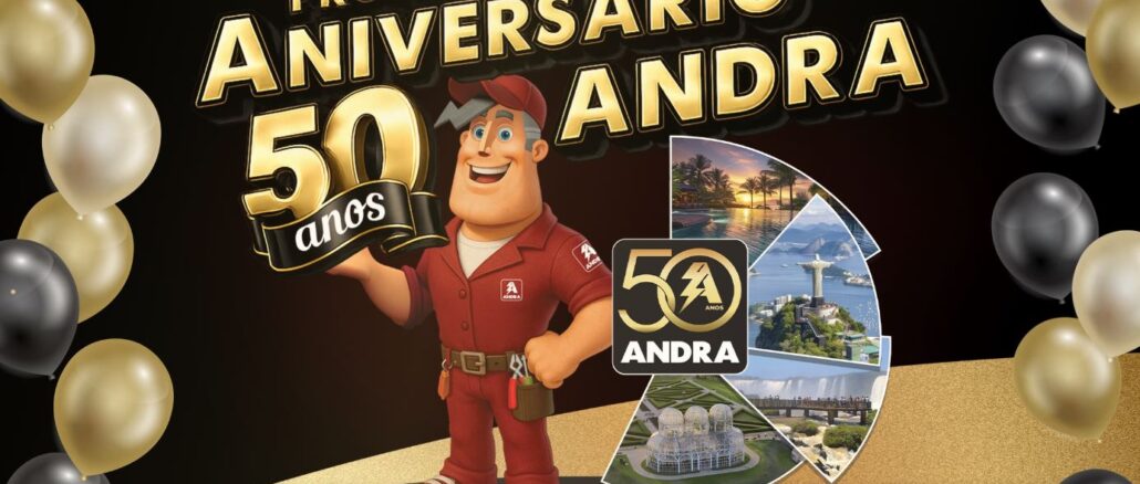 Banner da Promoção Aniversário 50 Anos Andra com mascote técnico em uniforme vermelho e colagem de fotos de viagens pelo Brasil.
