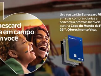 Banner promocional Banescard Visa em Campo com Você, com dois torcedores sorridentes pintados com as cores do Brasil e cartões Banescard Visa ao fundo.