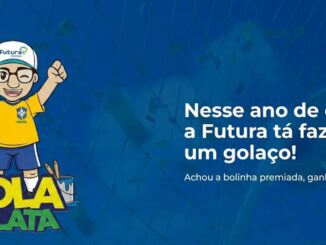 Personagem animado vestindo camisa da seleção brasileira e boné da Futura Tintas, segurando uma bolinha branca, ao lado do logotipo da promoção Bola na Lata da Futura Tintas.