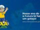Personagem animado vestindo camisa da seleção brasileira e boné da Futura Tintas, segurando uma bolinha branca, ao lado do logotipo da promoção Bola na Lata da Futura Tintas.