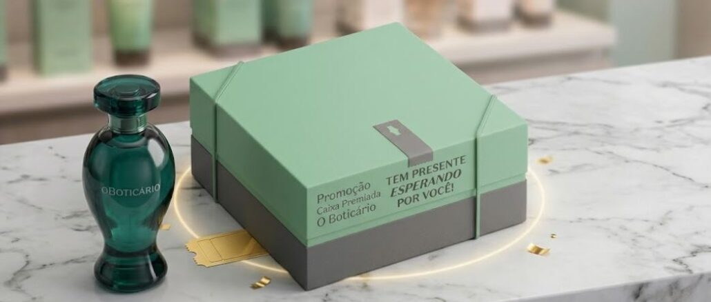 Caixa de presente verde-sage com faixa cinza e texto "Promoção Caixa Premiada O Boticário – Tem presente esperando por você!", ao lado de um frasco de perfume verde translúcido da marca O Boticário, sobre uma superfície de mármore branco com detalhes dourados e brilhantes.
