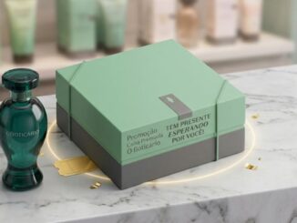 Caixa de presente verde-sage com faixa cinza e texto "Promoção Caixa Premiada O Boticário – Tem presente esperando por você!", ao lado de um frasco de perfume verde translúcido da marca O Boticário, sobre uma superfície de mármore branco com detalhes dourados e brilhantes.